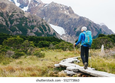 Hike In Patagonia. Advanture Traveler On The Trek To Fitz Roy Moutain. Argentina