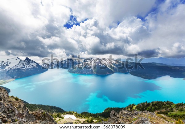 Hike to turquoise waters of picturesque\
Garibaldi Lake near Whistler, BC, Canada. Very popular hike\
destination in British\
Columbia.
