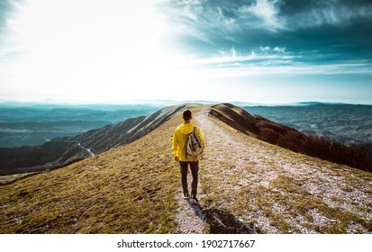 Hiker with backpack hiking on the top of a mountain - Man walking on forest path at sunset - Focus on the guy  - Shutterstock ID 1902717667