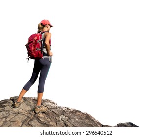 Hiker with backpack standing on the rock isolated on white background