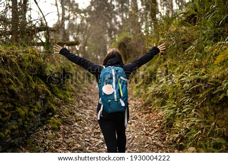 Hiker brunette woman, doing the Camino de Santiago, in a forest, with a blue backpack and a shell, with a black jacket, raising her arms. Lifestyle concept. Hike, way of st james