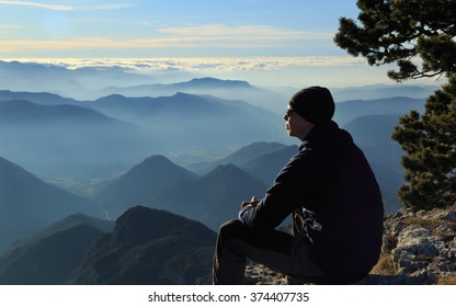 Hiker Enjoying The View From The Vercors Plateau, France.