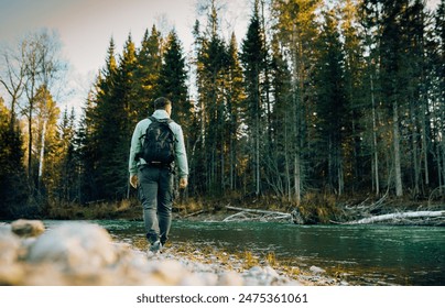 Hiker exploring trip in the autumn forest  - Powered by Shutterstock