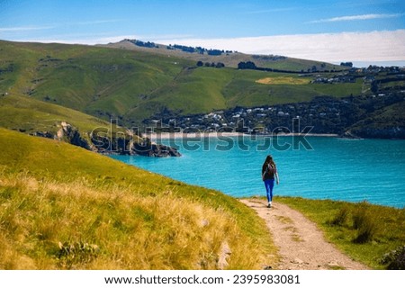 hiker girl enjoying a sunny day at godley head walkaway near christchurch, canterbury, new zealand; walking alongside the paradise coastline of pacific ocean