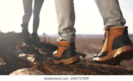 hiker group walk in the forest park. close-up hiker feet walking on a fallen tree log. travel adventure teamwork concept. tourist feet boots sneakers walks on fallen tree in park lifestyle - Powered by Shutterstock