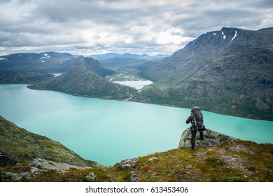 Hiker Looking Down Gjende River Besseggen Stock Photo 613453406 ...