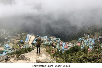 A Hiker Looking Towards Namche Bazar, Khumbu Region, Nepal, Asia.during Everest Base Camp Trekking.  Photo Taken On September 2022