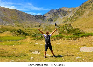 Hiker Man And Backpack In The Pyrenees Mountain- Success, Travel, Sport Concept