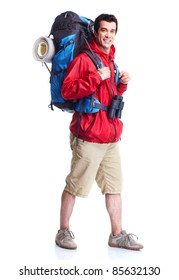 Hiker Man  Tourist. Hiking. Isolated Over White Background.