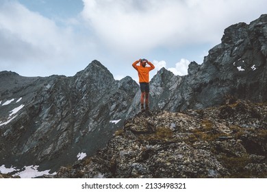 Hiker man trekking solo in rocky mountains travel hiking adventures active healthy lifestyle outdoor summer vacations expedition - Shutterstock ID 2133498321
