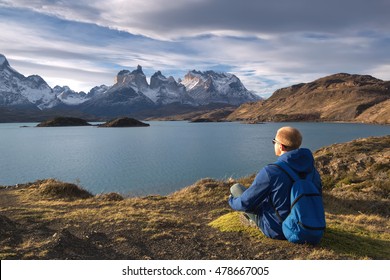 Hiker In A National Park Torres Del Paine, Patagonia, Chile