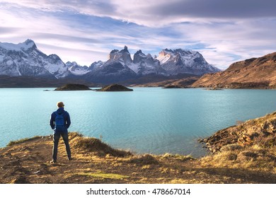 Hiker In A National Park Torres Del Paine, Patagonia, Chile