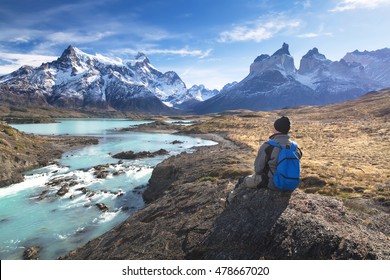 Hiker in a national park Torres del Paine, Patagonia, Chile