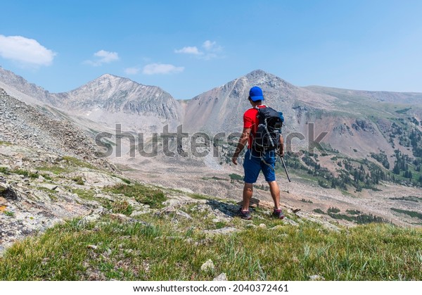Hiker in the Never Summer Mountain area of\
Rocky Mountain National Park, Colorado\
USA