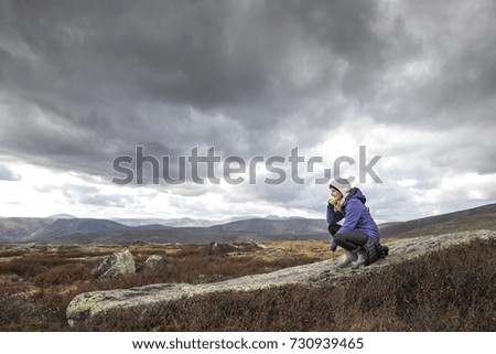 Similar – Foto Bild Junge Frau genießt nordische Landschaft