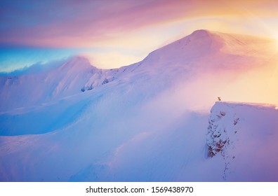 Hiker On The Edge Of A Cliff On Snowy Hills. Location Place Ski Resort Dragobrat, Carpathian, Ukraine, Europe. Epic Picture Of Winter Journey. Great Nature Wallpapers. Discover The Beauty Of Earth.