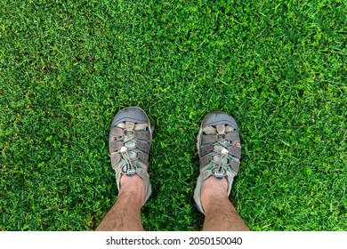 Hiker On A Grass With First Person Perspective View