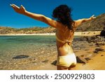 hiker on the path to Ferragut beach, horse trail, Menorca, Biosphere Reserve, Balearic Islands, Spain