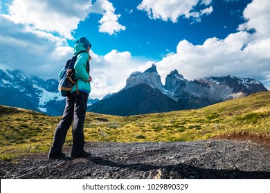 Hiker On The Trail In Torres Del Paine National Park, Chile