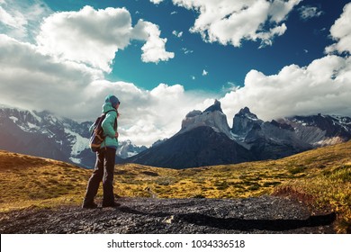 Hiker On The Trail In Torres Del Paine National Park, Chile