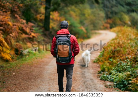 A hiker in a red coat and brown backpack walking with his white dog on a mountain path in spring or fall. Hiker, backpacker in autumn landscape. Mountain and trekking. Concept: Adventure, Art, Travel