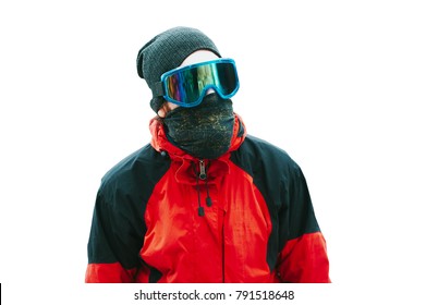 Hiker Skier Portrait Isolated On White Background. Winter Sport Activity. Man Traveler Mountaineering. Travel Lifestyle Concept. Active Hiker Hiking, Enjoying The View. Man With Mask/ Scarf.