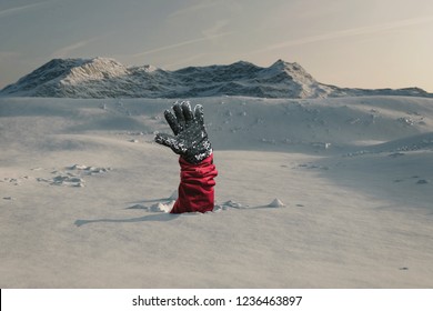 Hiker stretching out his snow covered hand to signal help because of snow avalanche . Danger extreme concept - Shutterstock ID 1236463897