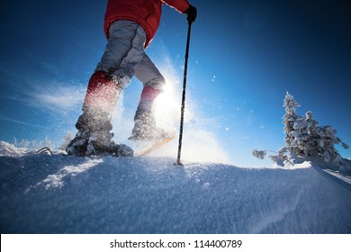Hiker in winter mountains snowshoeing - Shutterstock ID 114400789