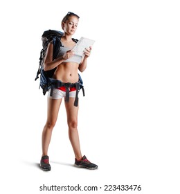 Hiker Woman Isolated On White Background Standing In Full Length.