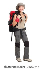 Hiker Woman Isolated On White Background Standing In Full Length. Beautiful Mixed Race Asian / Caucasian Female In Outdoors Hiking Outfit.