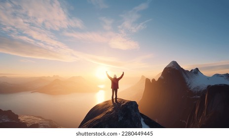 Hiker woman standing with hands up achieving the top. Girl welcomes a sun. Conceptual design. Successful woman hiker open arms on sunrise mountain top. Girl in long white dress in the mountains - Powered by Shutterstock