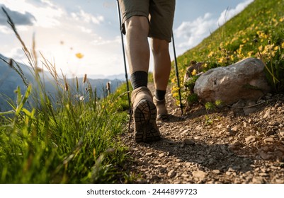 hikers boots  walking on a mountain trail with trekking poles and wildflower mountain landscape  - Powered by Shutterstock