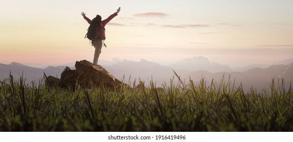 

Hikers Freedom Mountain Peak Sunrise