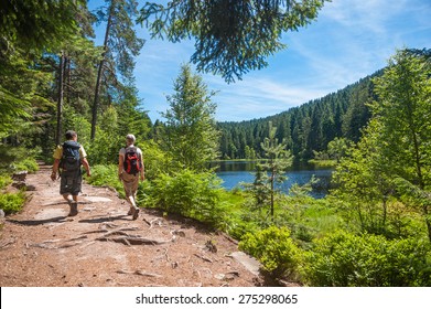 Hikers At The Herrenwieser See, Westweg, Forbach, Black Forest, Baden-Wuerttemberg, Germany, Europe