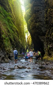 Hikers On The Creek, Lower Oneonta Falls In Columbia River Gorge, Oregon.