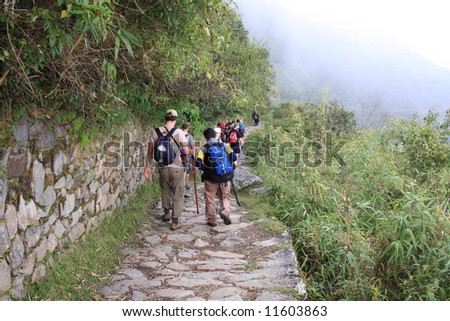 Hikers on the Inca Trail in Peru, approaching Machu Picchu
