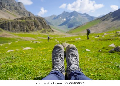 hikers on the trail in the Caucasian mountains, The Tarsar Marsar Lake trek is one of the prettiest treks in our country,  Tarsar Marsar trek, india, landscape mountain.