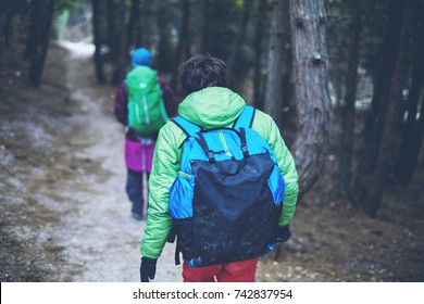 Hikers On The Trail In The Crimea Mountains At Winter