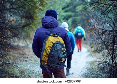 Hikers On The Trail In The Crimea Mountains At Winter