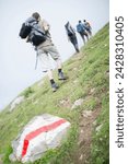 Hikers on trail, ovronnaz, martigny, valais, swiss alps, switzerland, europe