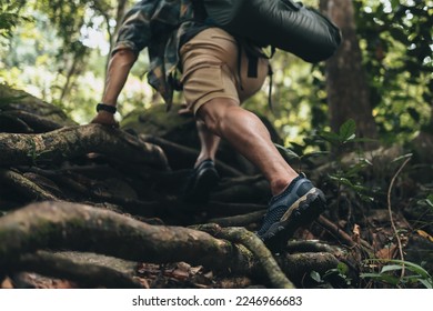 
Hikers are rock climbing using their hands on the vines to climb to the top. hiking and adventure concept. - Powered by Shutterstock