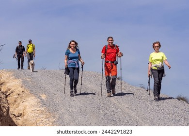 Los excursionistas con bastones de trekking y un perro disfrutan de una caminata en grupo en un sendero de grava bajo cielos azules claros.