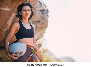 Hiking, Adventure And Rock Climbing Woman On Mountain For Fitness, Wellness Or Healthy Lifestyle Goals, Mission And Portrait. Mountaineering Professional Athlete With Safety Gear, Nature And Mockup