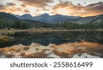 A hiking around Sprague Lake during sunset in Estes Park at the Rocky Mountain National Park in Colorado, USA.