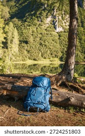 Hiking backpack in forest at Austrian Alp mountains. Travel and trekking outdoor equipment