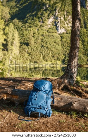 Hiking backpack in forest at Austrian Alp mountains. Travel and trekking outdoor equipment
