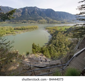 Hiking Up Beacon Rock With Scenic View Of Columbia River Gorge