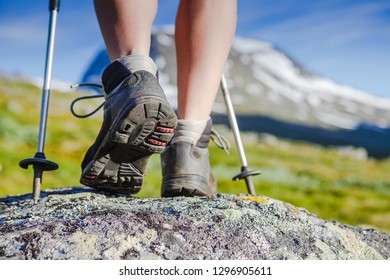 Hiking Boot Close Up On Mountain Rocks