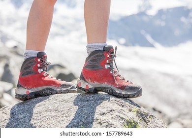 Hiking Boot Closeup On Mountain Rocks