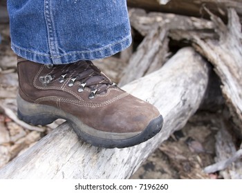 Hiking boot on log